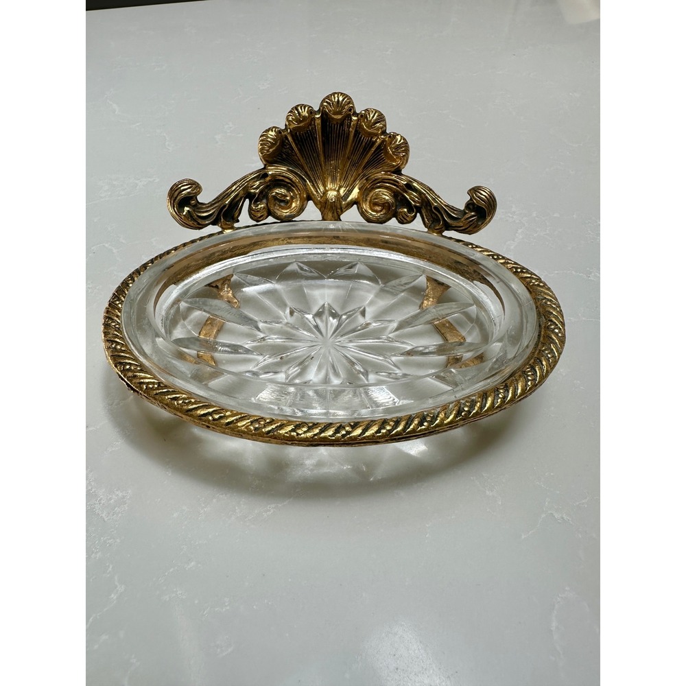 Vintage Hollywood Regency Gold Shell Soap Dish Crystal Glass Trinket Tray Ornate